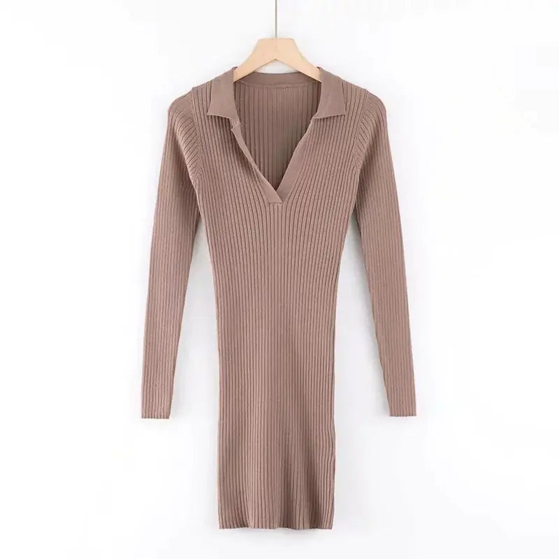 European Autumn Winter Knit Bodycon Dress with Collar