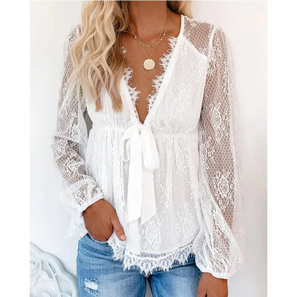 Autumn Winter Lace Top with V-neck and Bow Detail