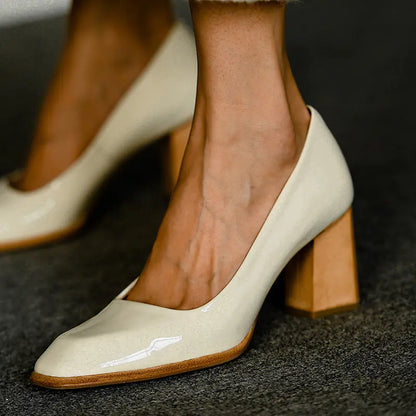 Women's Ivory Patent Leather Chunky Heel Pumps