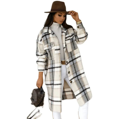 Plaid Long Woolen Coat with Button Lapel for Fall/Winter