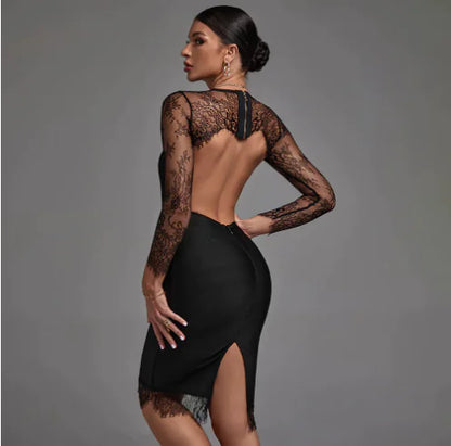 Lace-Panel Bodycon Dress with Long Sleeves and Back Cutout