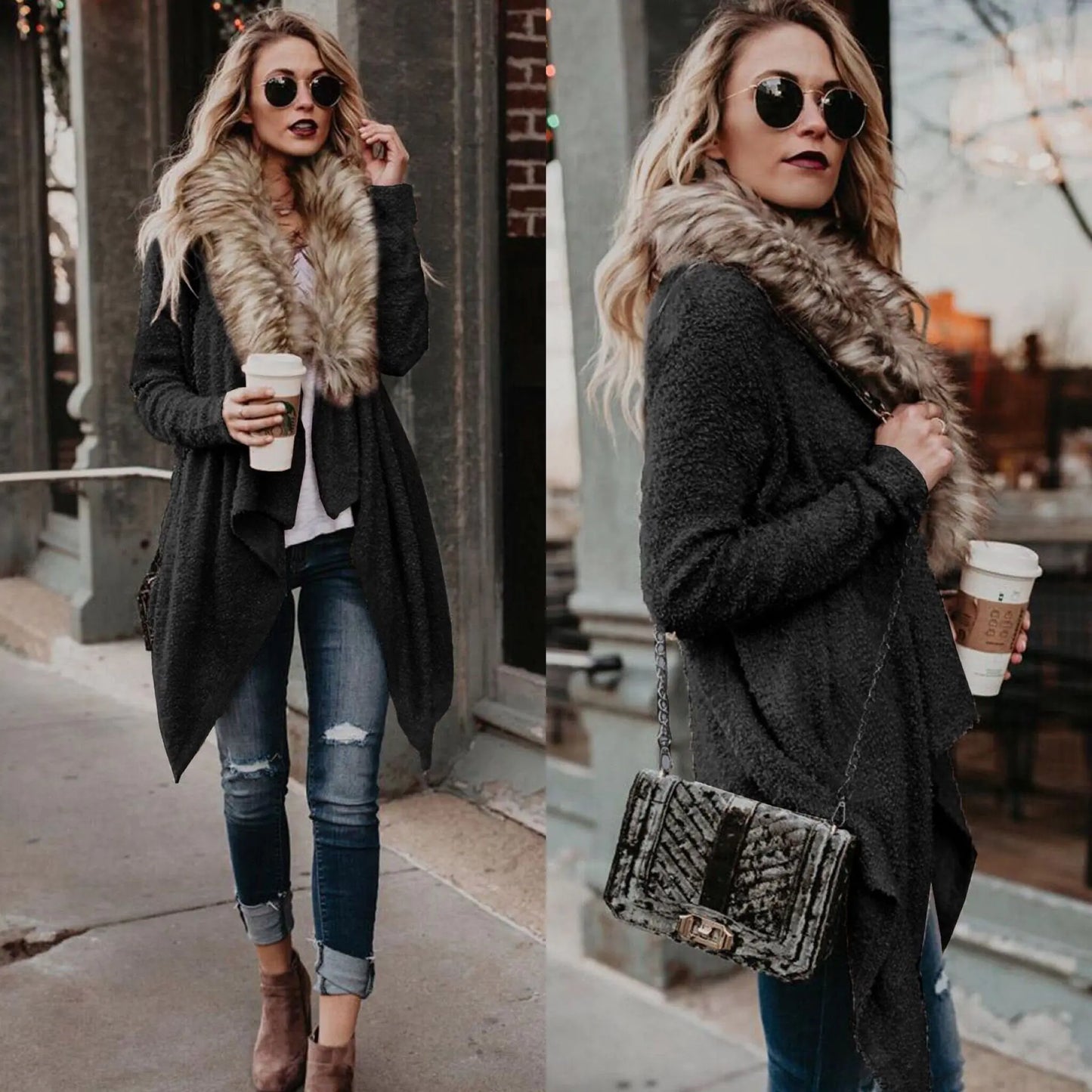 Autumn Spring Plush Coat with Fur Collar Cardigan