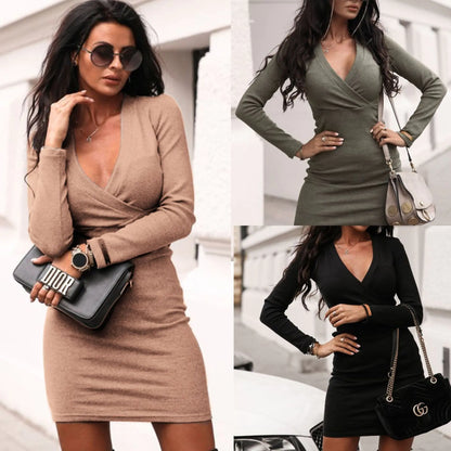 V-Neck Slimming Bodycon Dress for Autumn/Winter