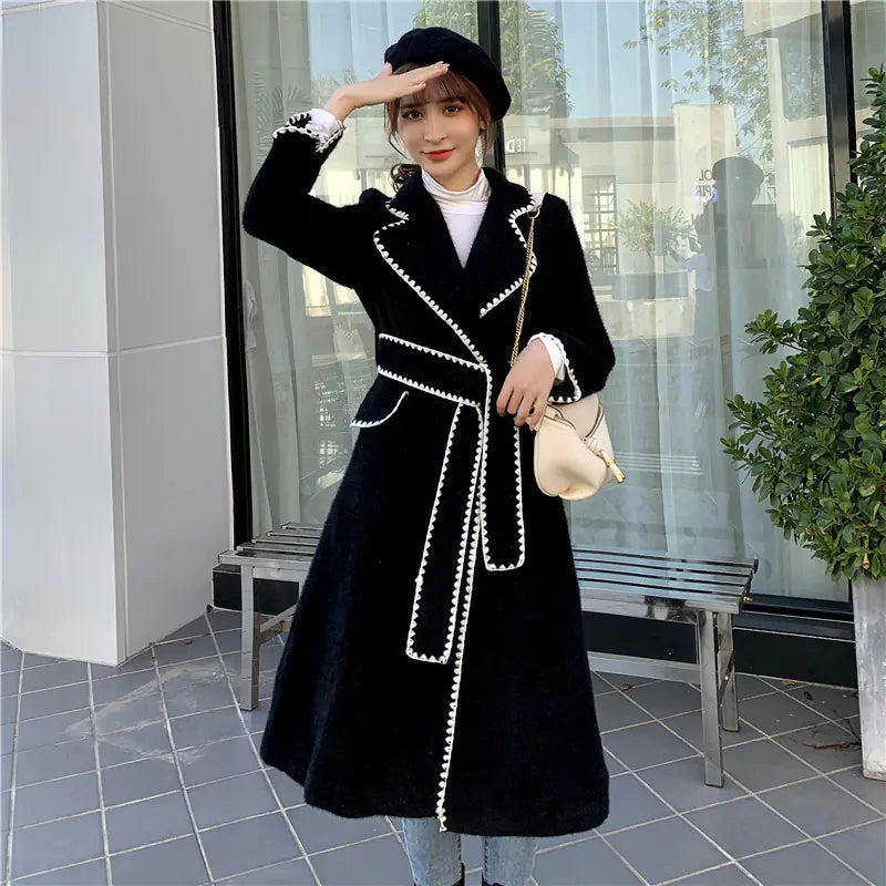 Mid-Length Woolen Coat with Suit Collar for Women