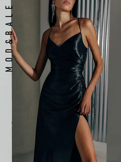 2021 Women's Summer Satin High Slit Evening Dress