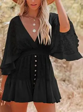 Elegant V-Neck Lace Dress – Sweet Mori Style Women’s Short Sleeve A-Line Dress