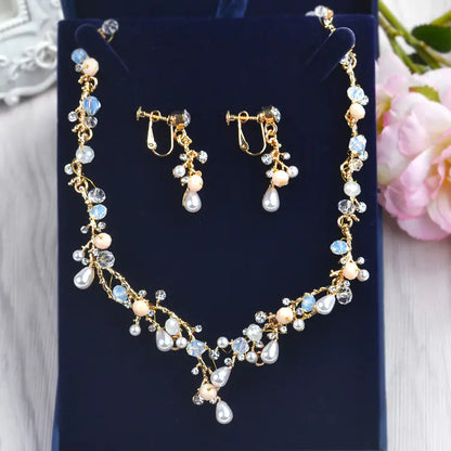 Bridal Jewelry Set with Pearl and Zircon Necklace & Earrings