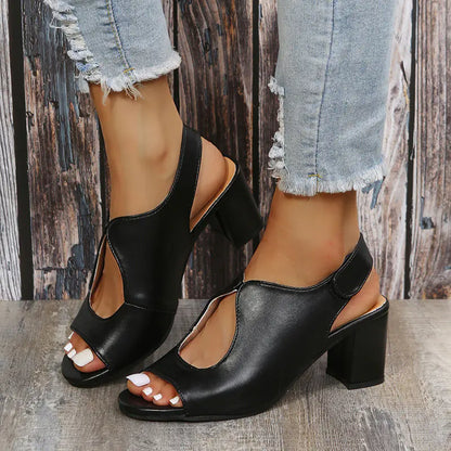 Women's Leather Hollow Out Sandals with Middle Heel
