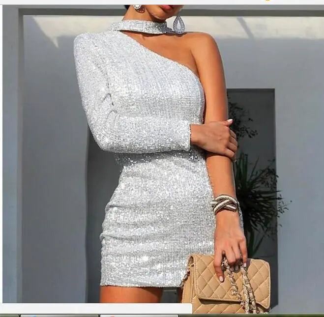 Fashionable Off-Shoulder Silver Thread Bodycon Dress
