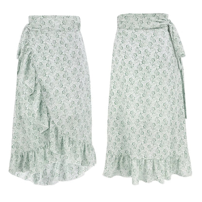 High Waist Floral Ruffle Chiffon A-Line Skirt