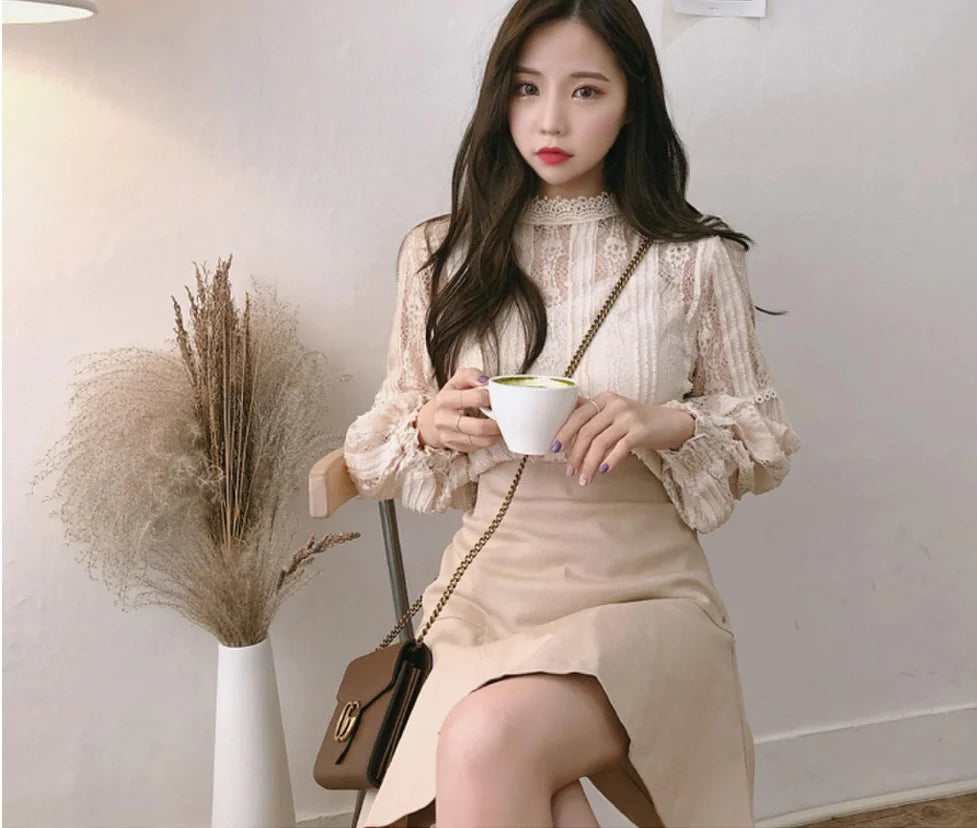 Lace Top with Lantern Sleeves - Sweet Two-Piece Look