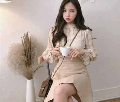 Lace Top with Lantern Sleeves - Sweet Two-Piece Look