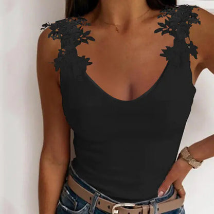 Lace Petal Tank Top - Oversize V-Neck Casual T-Shirt