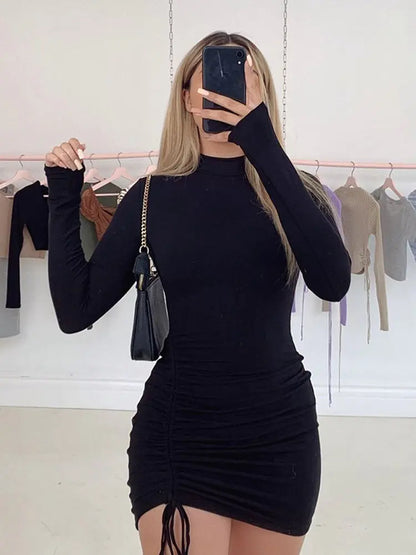 Black Turtleneck Ruched Bodycon Mini Dress for Women