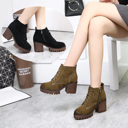 Women's Leather Chunky Heel Short Martin Boots