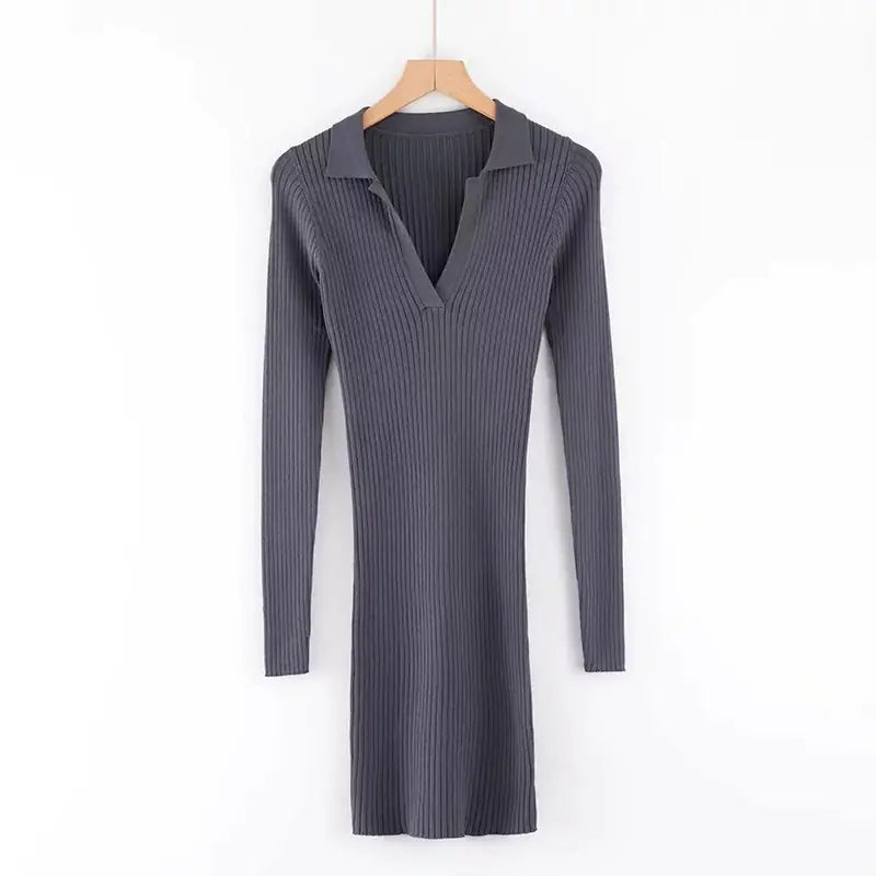 European Autumn Winter Knit Bodycon Dress with Collar