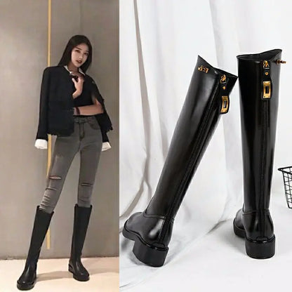 Knee-High Thick Heel Long Martin Leather Boots