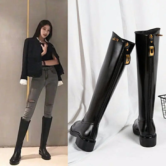 Knee-High Thick Heel Long Martin Leather Boots