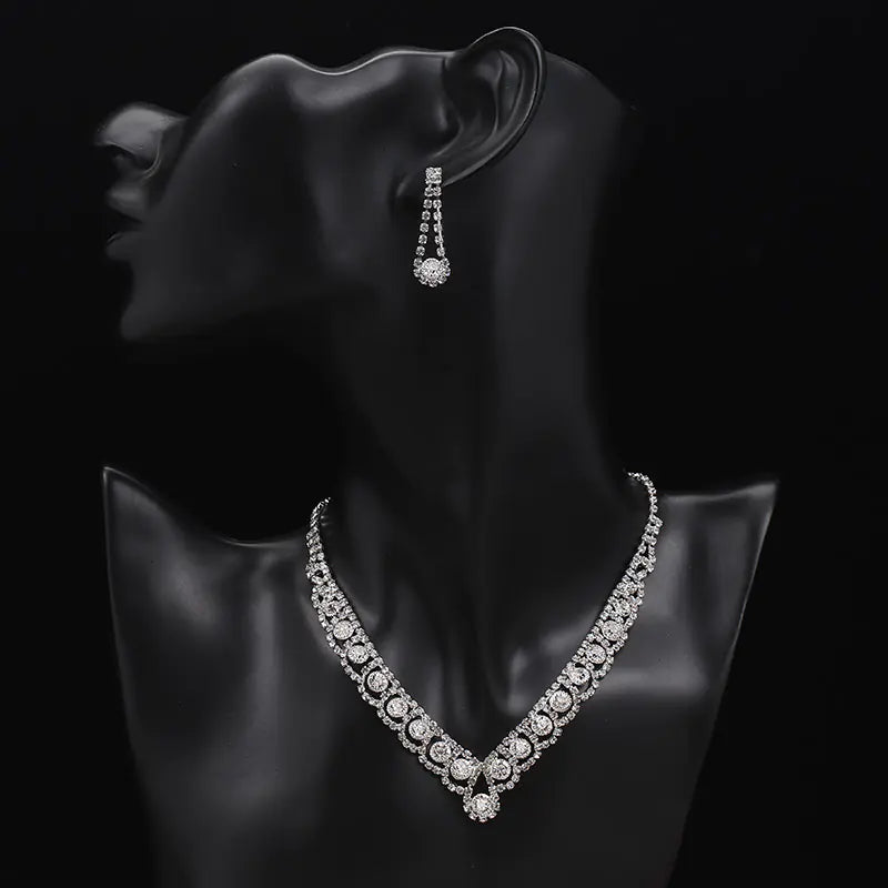 Silver Rhinestone Bridal Jewelry Set: Necklace, Earrings, Bracelet