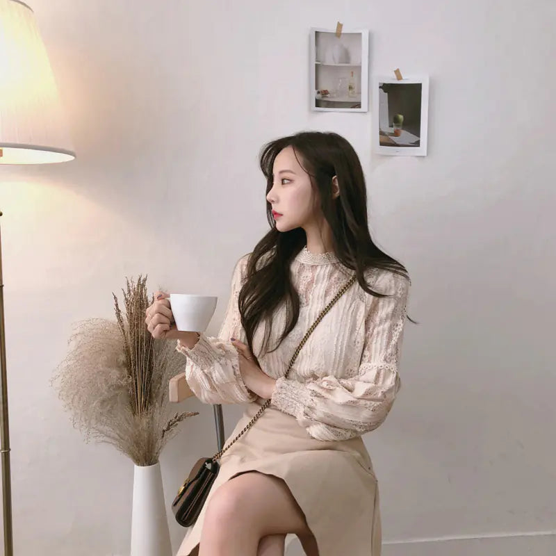 Lace Top with Lantern Sleeves - Sweet Two-Piece Look