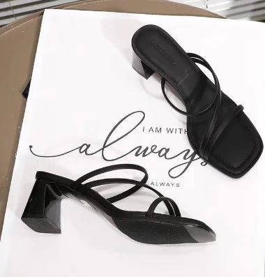 Square Toe High-Heeled Sheep Leather Sandals