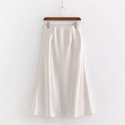 Elegant High Waist White Silk A-line Midiskirt for Women