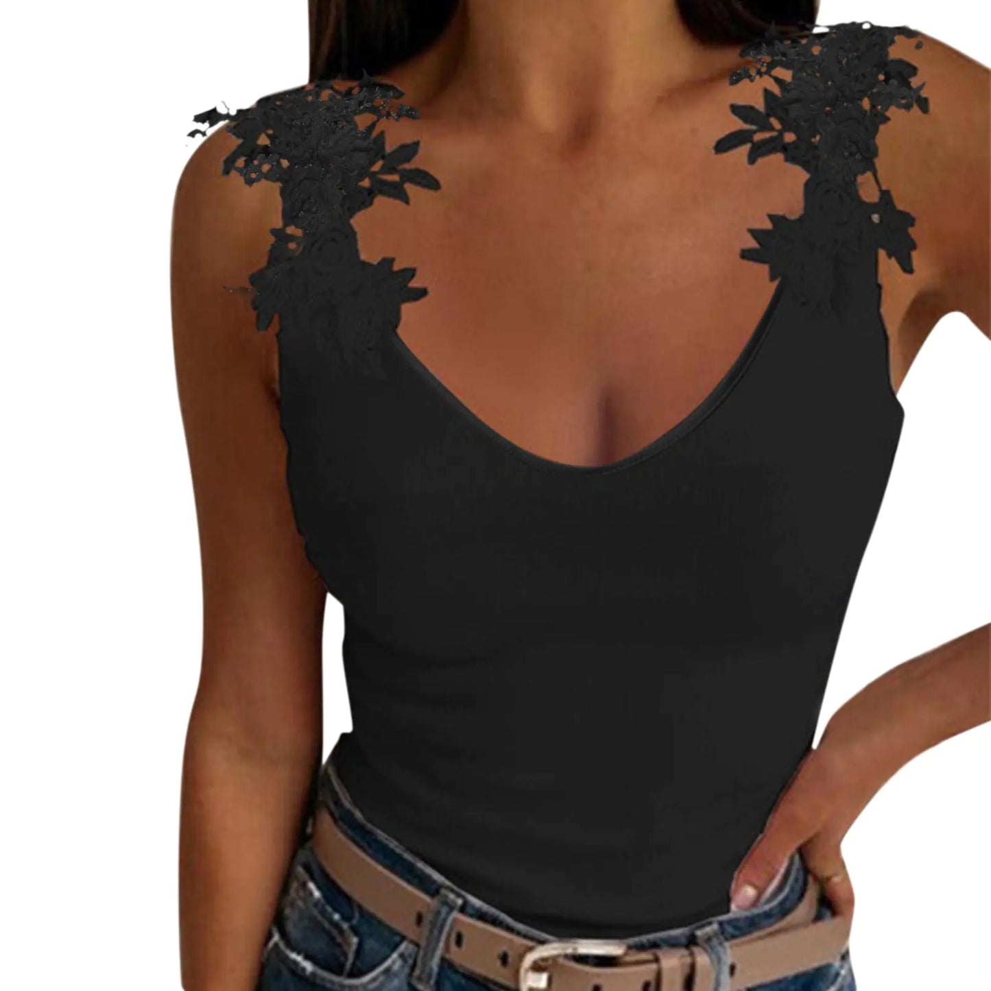 Lace Petal Tank Top - Oversize V-Neck Casual T-Shirt